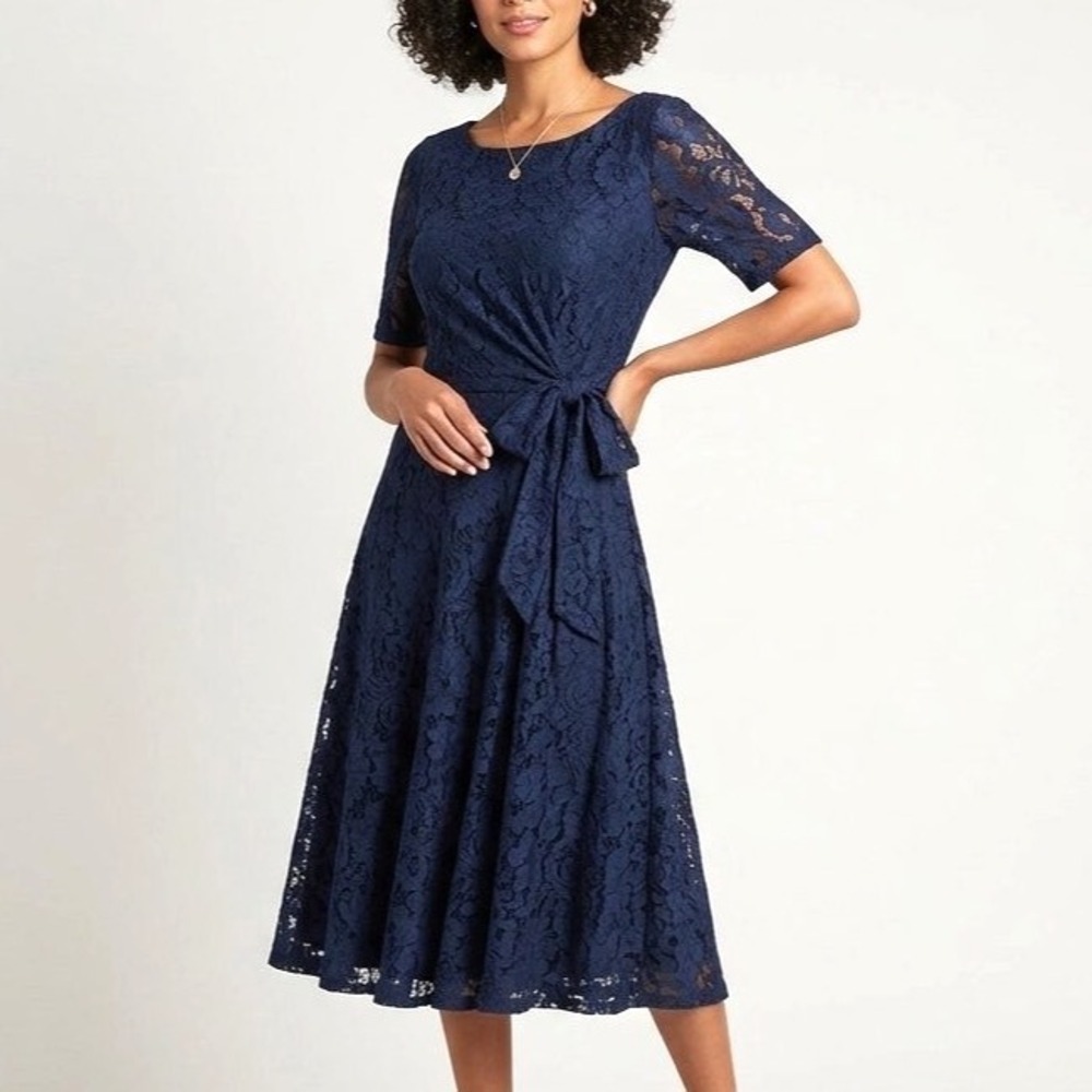 TAHARI Navy FLORAL CROCHET LACE OVERLAY Lined TIE BELT Zip MIDI SHEATH DRESS 14